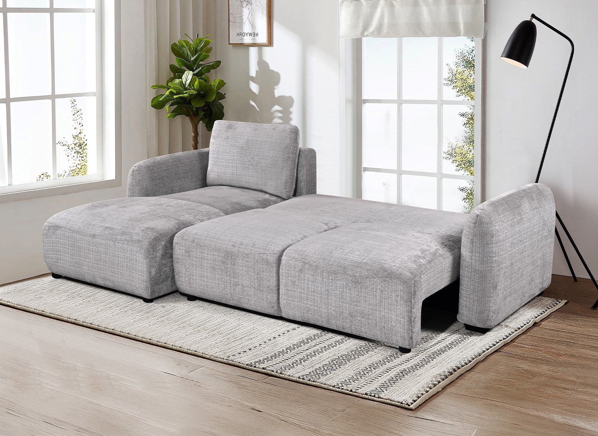 Divano angolare trasformabile con cassapanca in velluto mélange grigio MARLA - Angolo sinistro