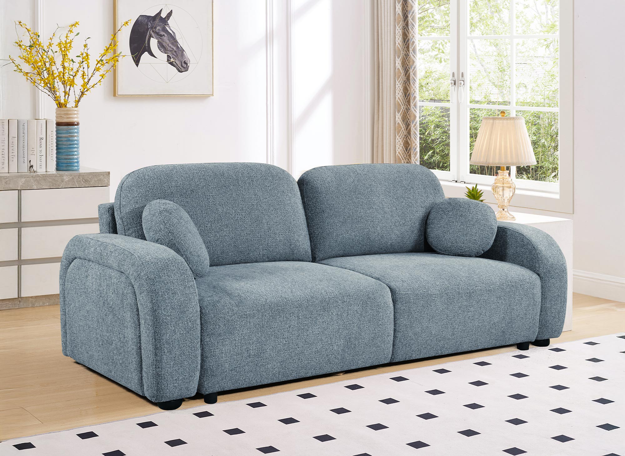 Divano trasformabile a 3 posti in tessuto spugna blu MAYORA