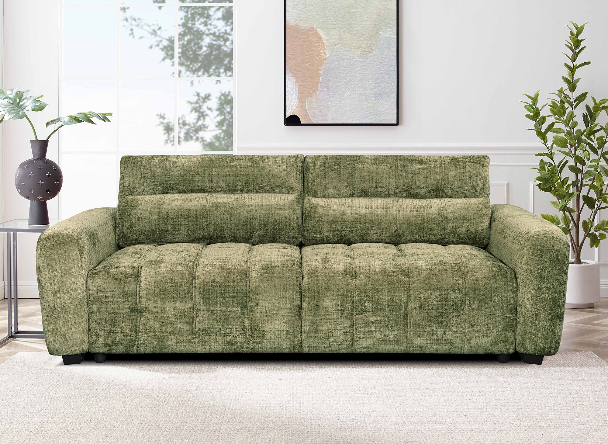 Divano trasformabile con cassapanca a 3 posti in velluto screziato verde oliva RALYA