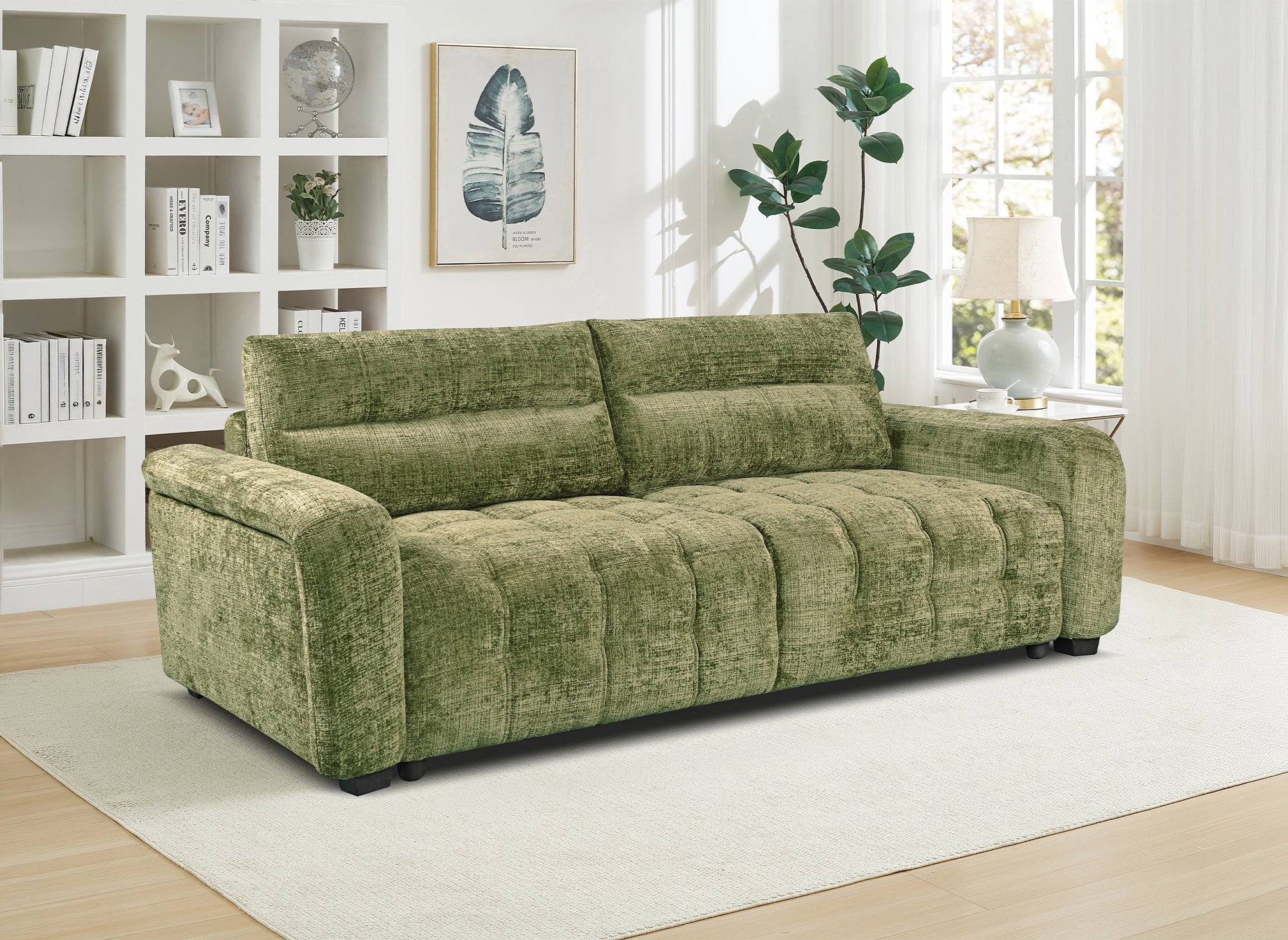Divano trasformabile con cassapanca a 3 posti in velluto screziato verde oliva RALYA