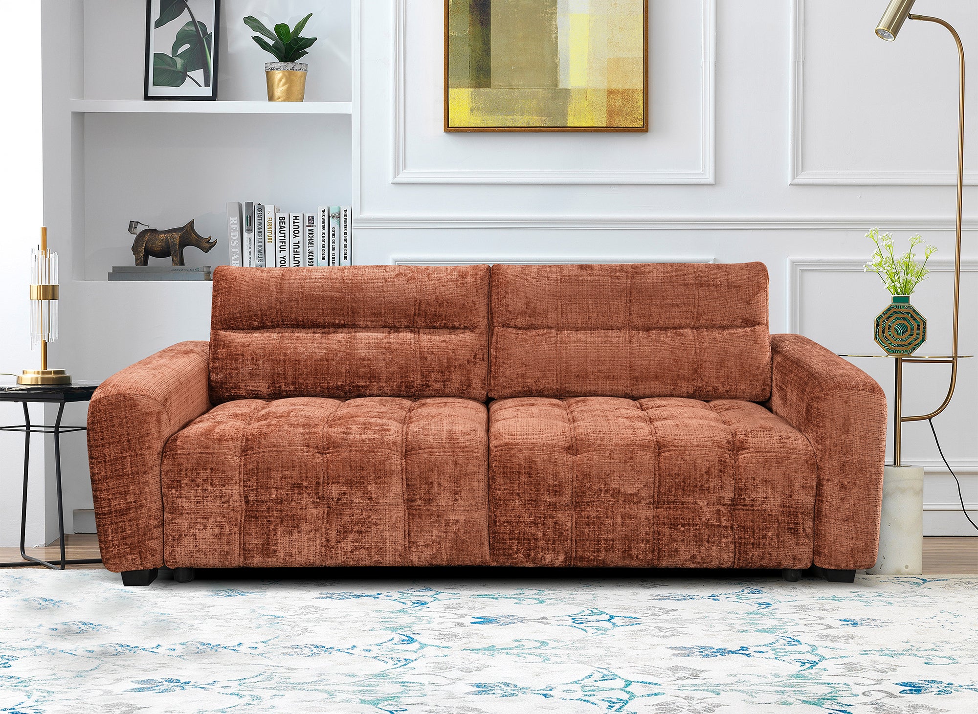 Divano trasformabile con cassapanca a 3 posti in velluto screziato terracotta RALYA