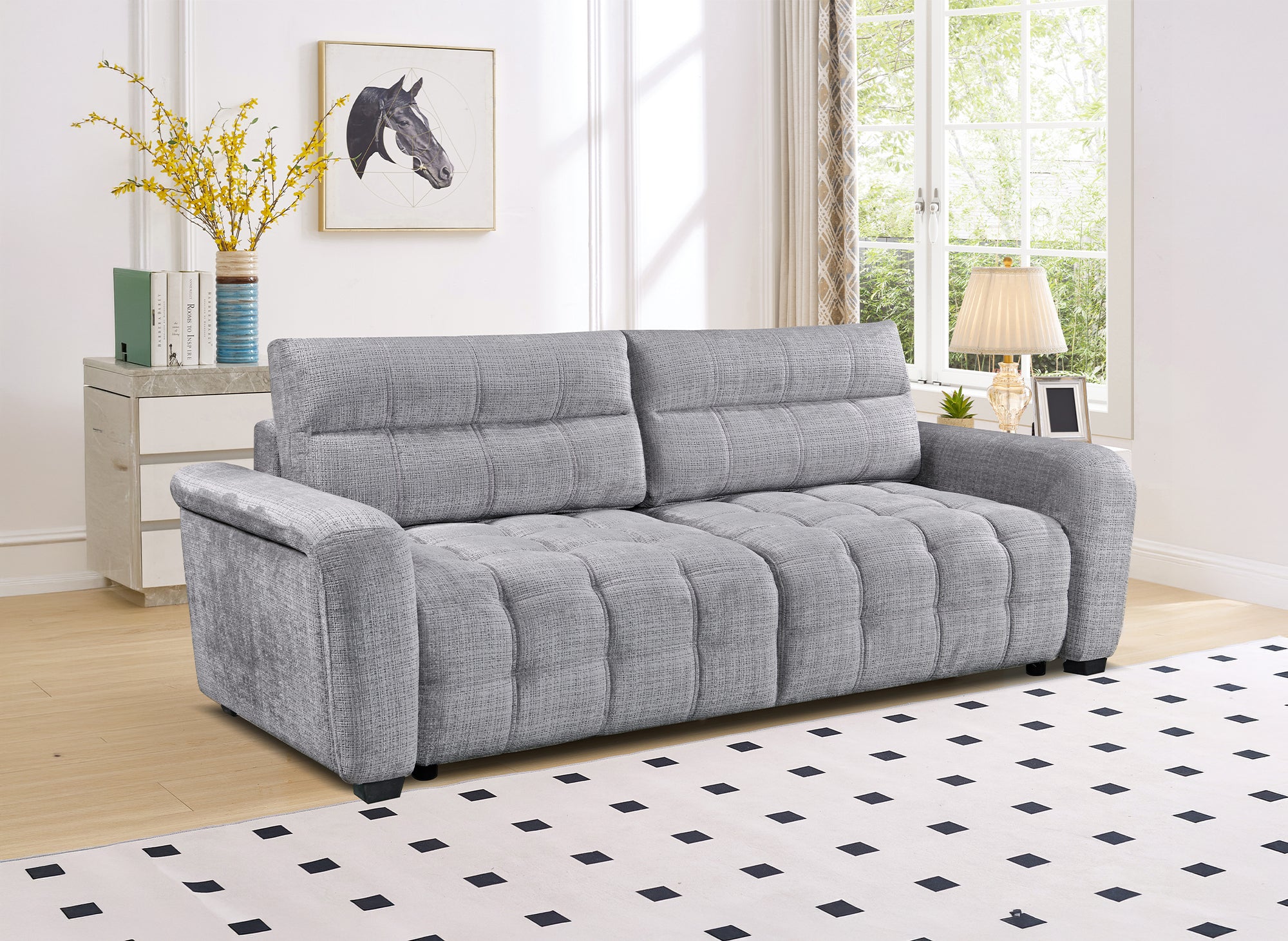 Divano trasformabile con cassapanca a 3 posti in velluto screziato grigio RALYA