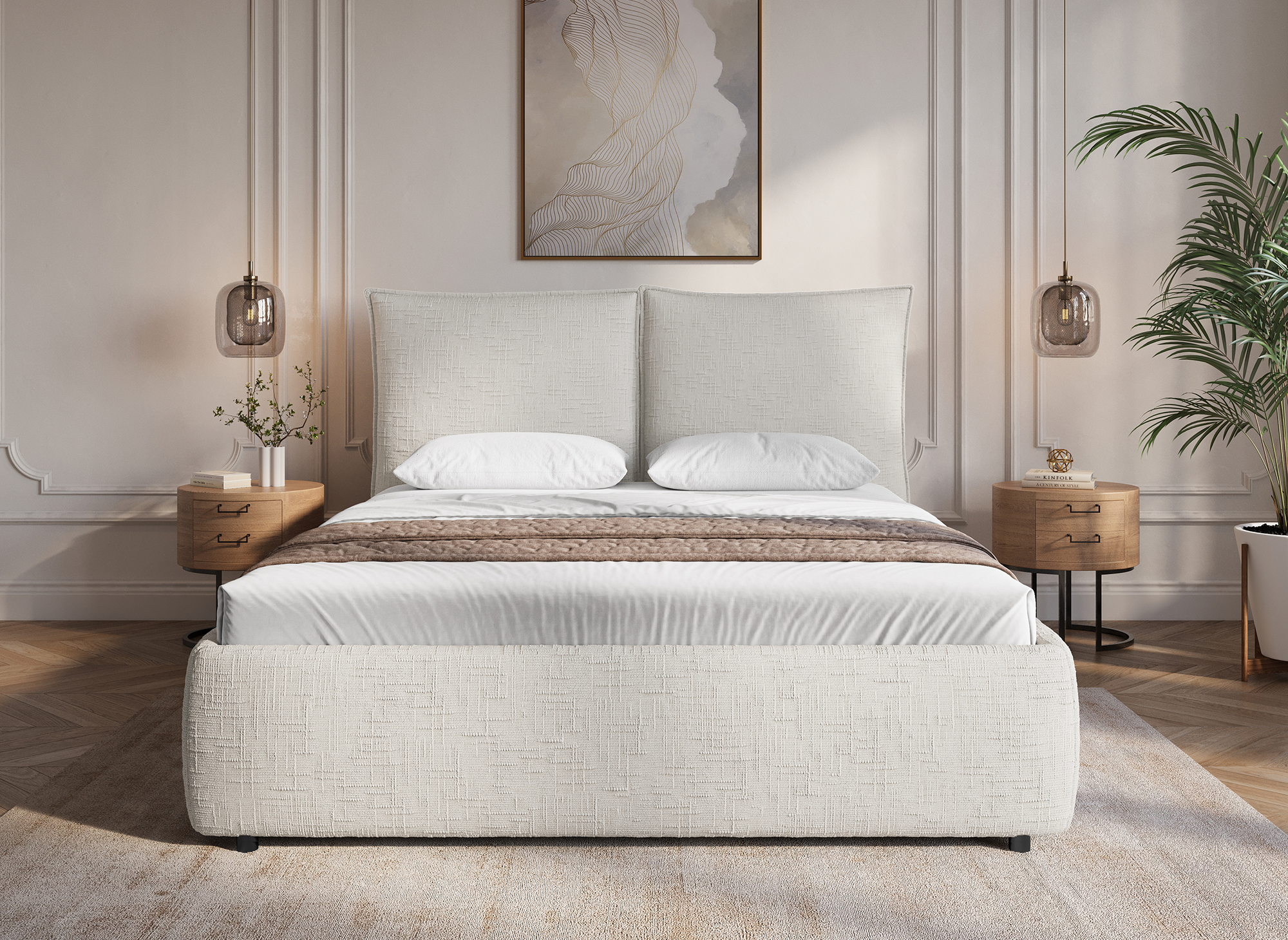 Lit coffre en velours chiné beige 140x190 cm MELY