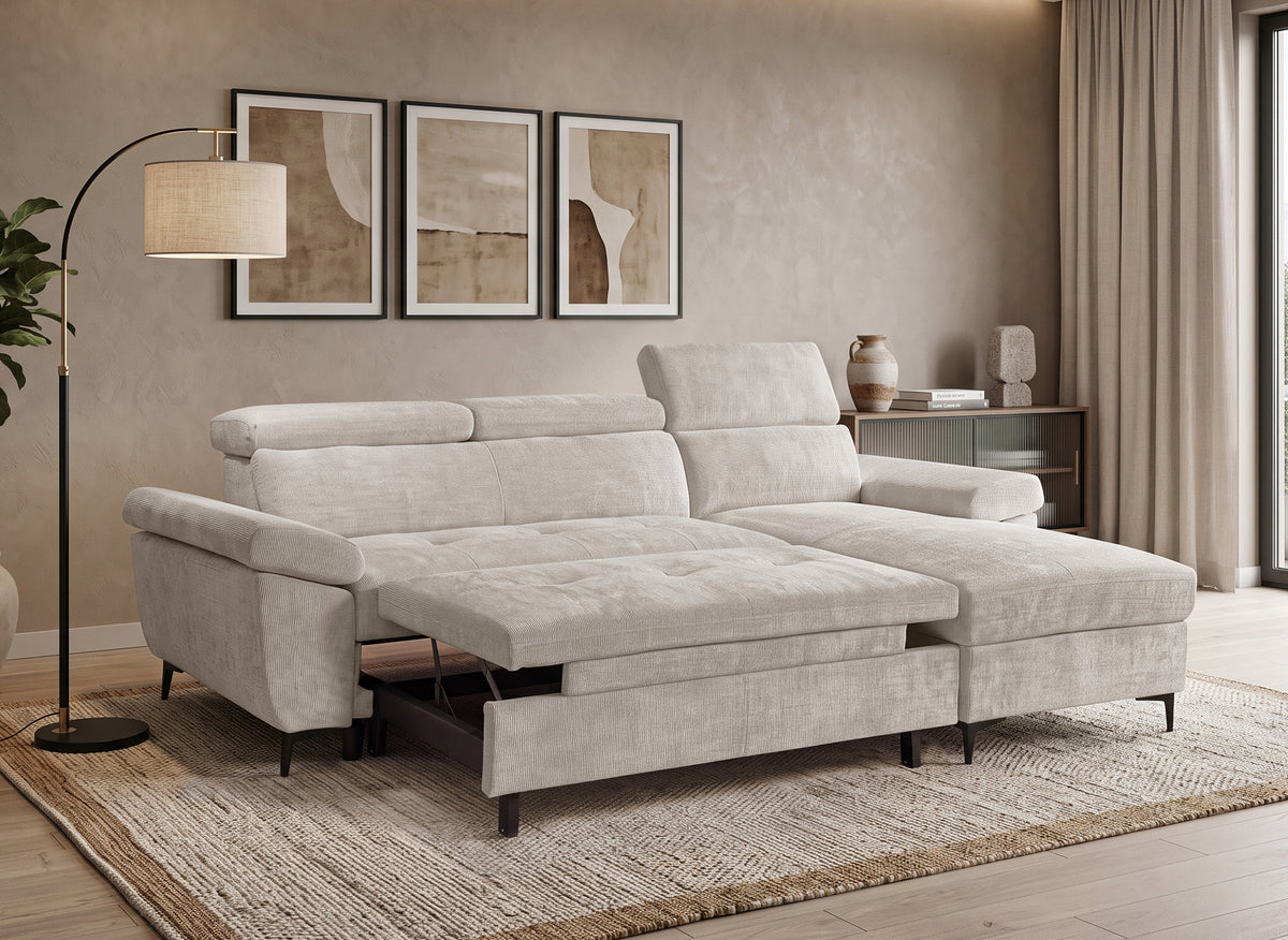 Divano angolare trasformabile in velluto screziato beige MONICA - Angolo retto