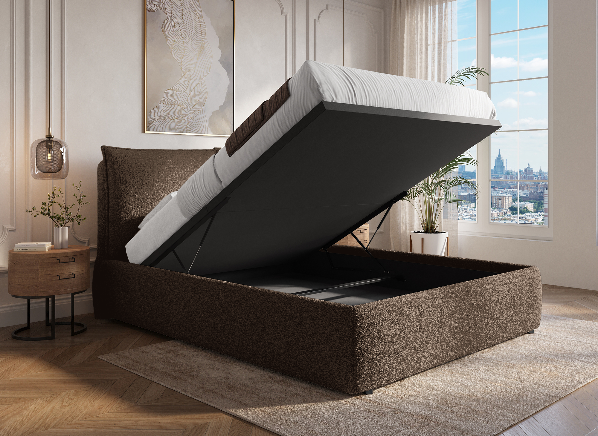 Lit coffre en tissu bouclette marron 140x190 cm MELY