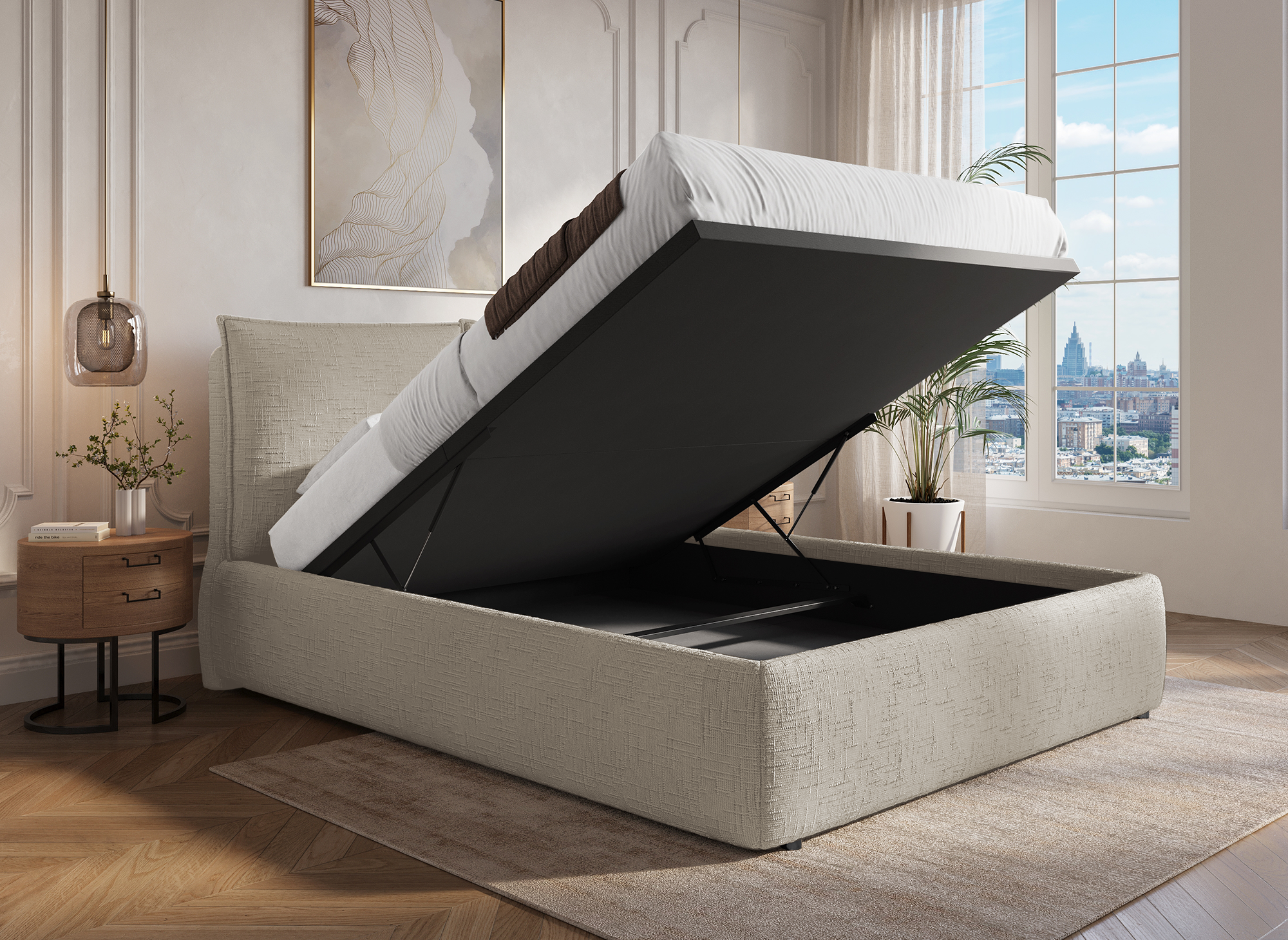 Lit coffre en velours chiné taupe 180x200 cm MELY