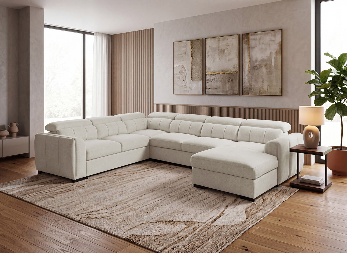 Canapé panoramique convertible avec coffre en tissu bouclette beige NAJAH - Angle droit