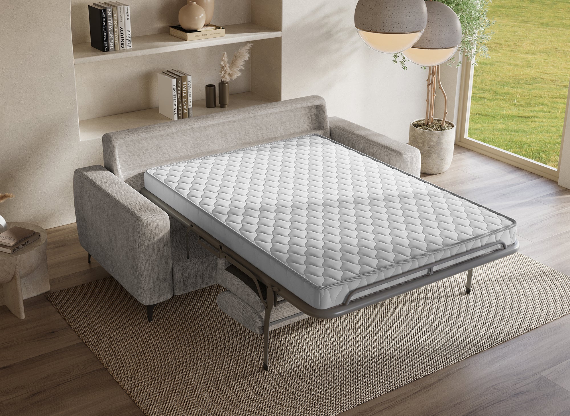 Divano trasformabile Express a 3 posti in velluto beige screziato NONA