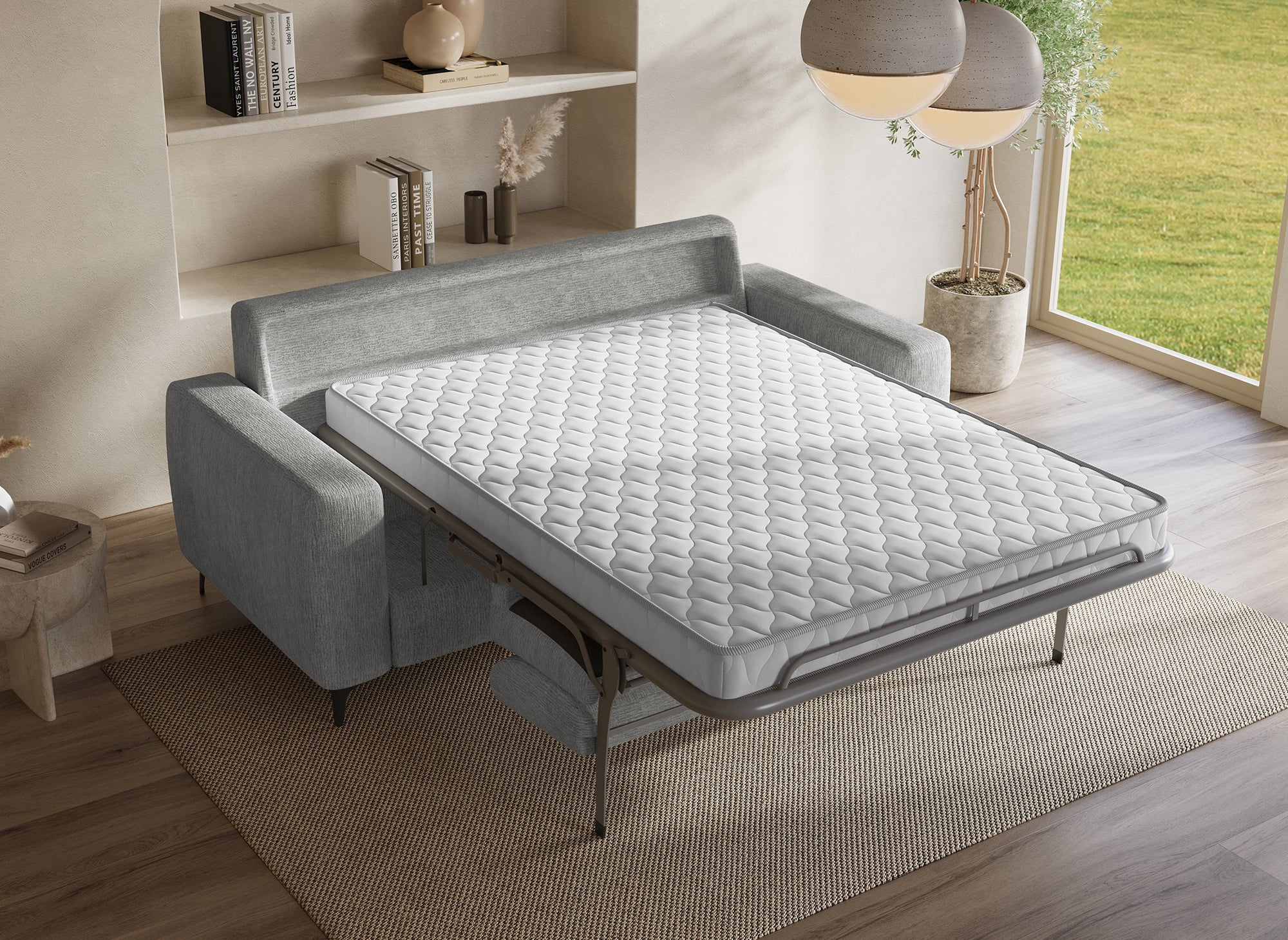 Divano trasformabile Express a 3 posti in velluto screziato grigio chiaro NONA