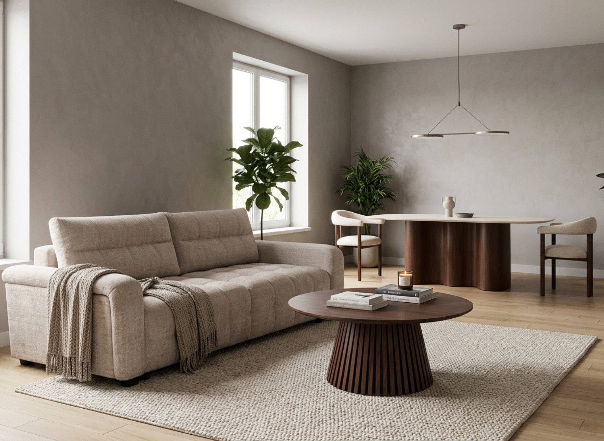 Salon avec canapé en tissu taupe et table basse ronde en bois