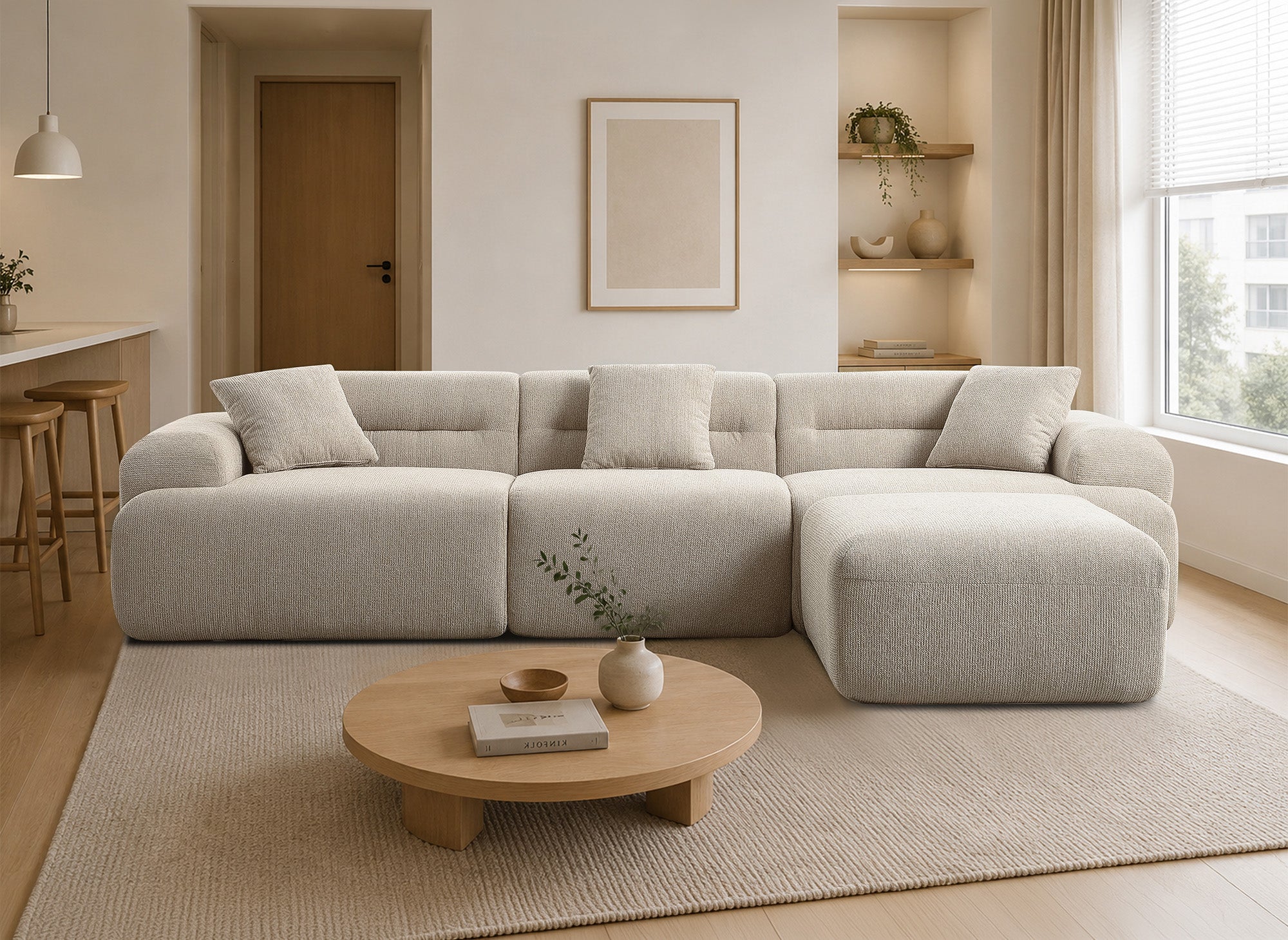 Divano 3 posti + pouf in tessuto strutturato beige SAKURA