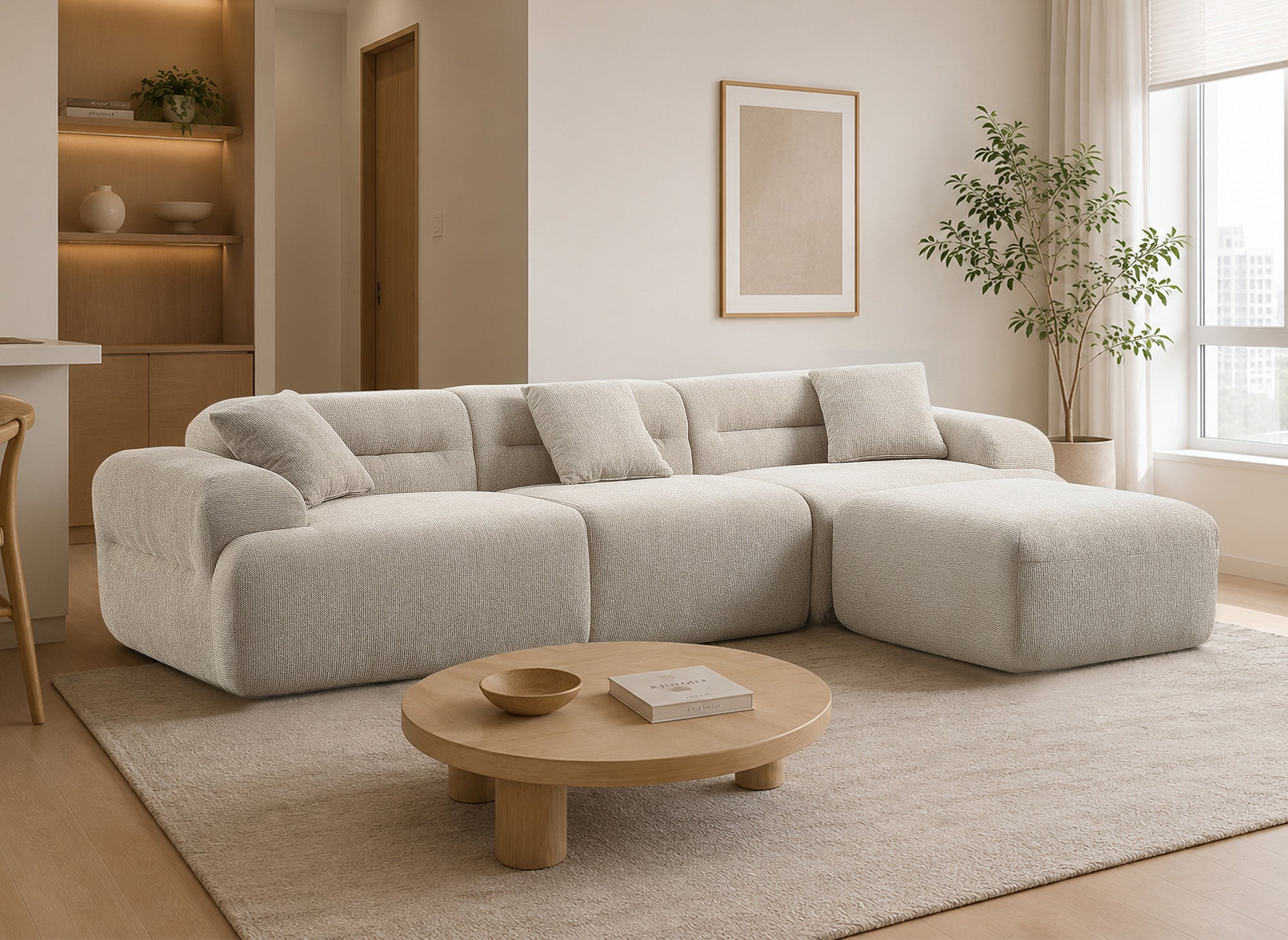 Divano 3 posti + pouf in tessuto strutturato beige SAKURA