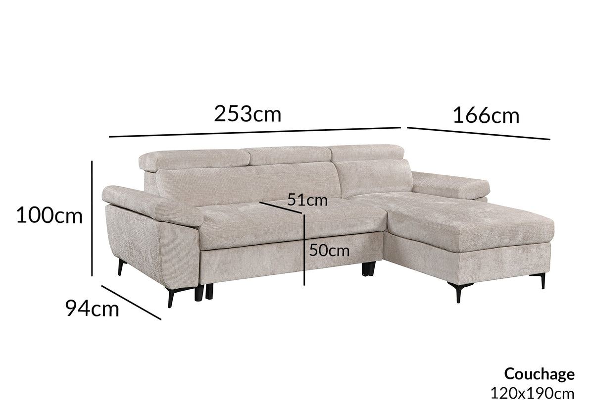 Divano angolare trasformabile in velluto screziato beige MONICA - Angolo retto
