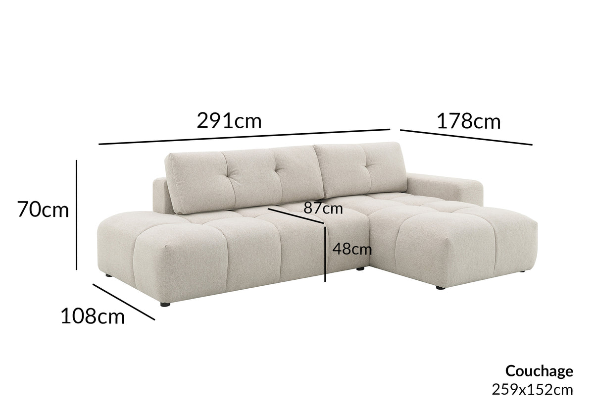 Divano angolare trasformabile con cassapanca in tessuto strutturato beige ANGELINE - Angolo retto
