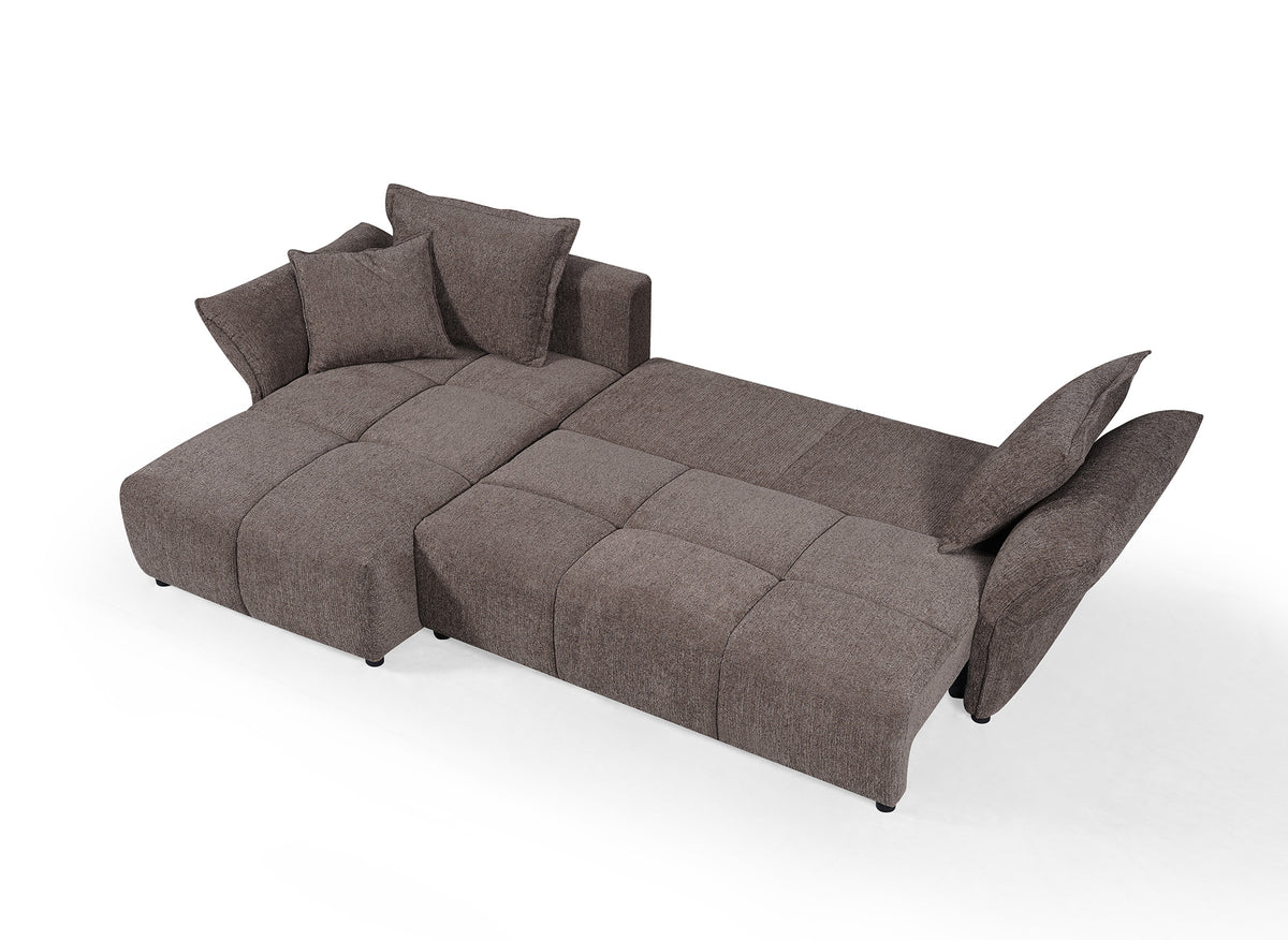 Divano ad angolo trasformabile reversibile in velluto intrecciato marrone BELINE