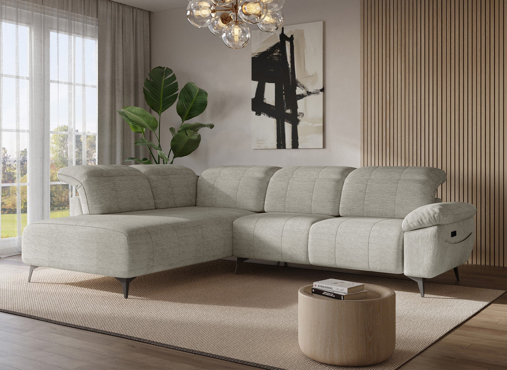 Divano angolare relax elettrico in velluto screziato beige SOLINA - Angolo sinistro
