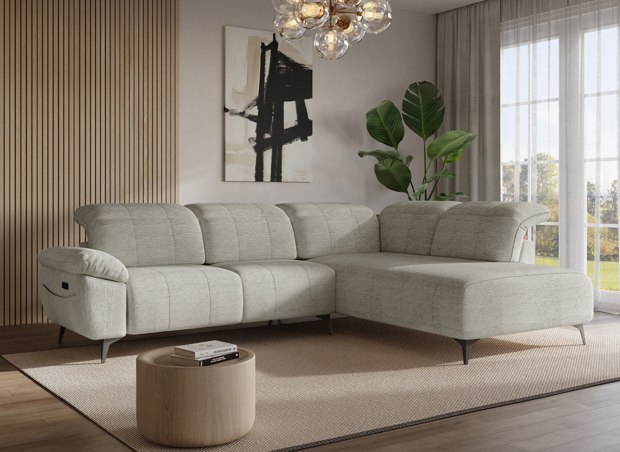 Divano angolare relax elettrico in velluto screziato beige SOLINA - Angolo retto