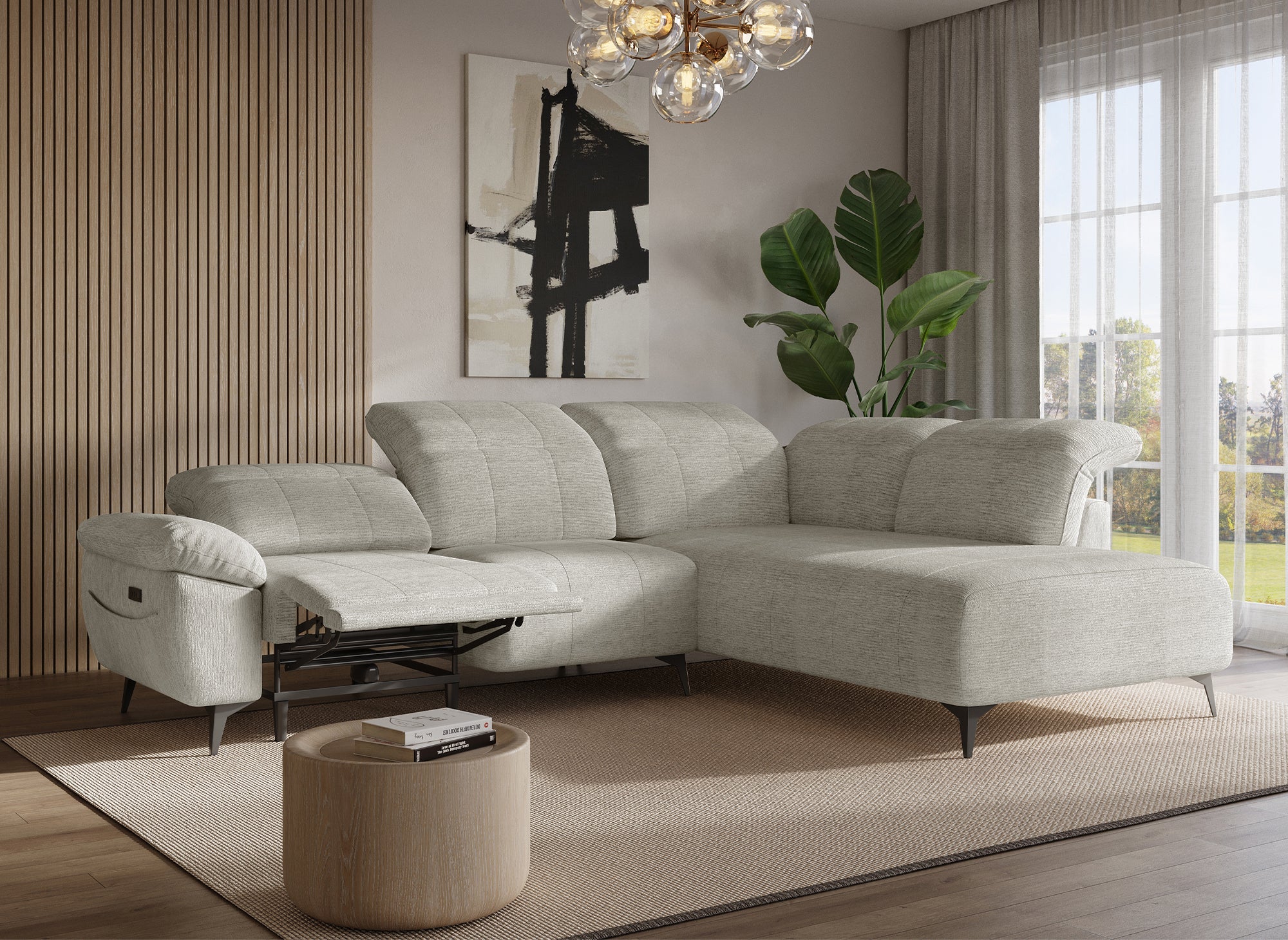 Divano angolare relax elettrico in velluto screziato beige SOLINA - Angolo retto