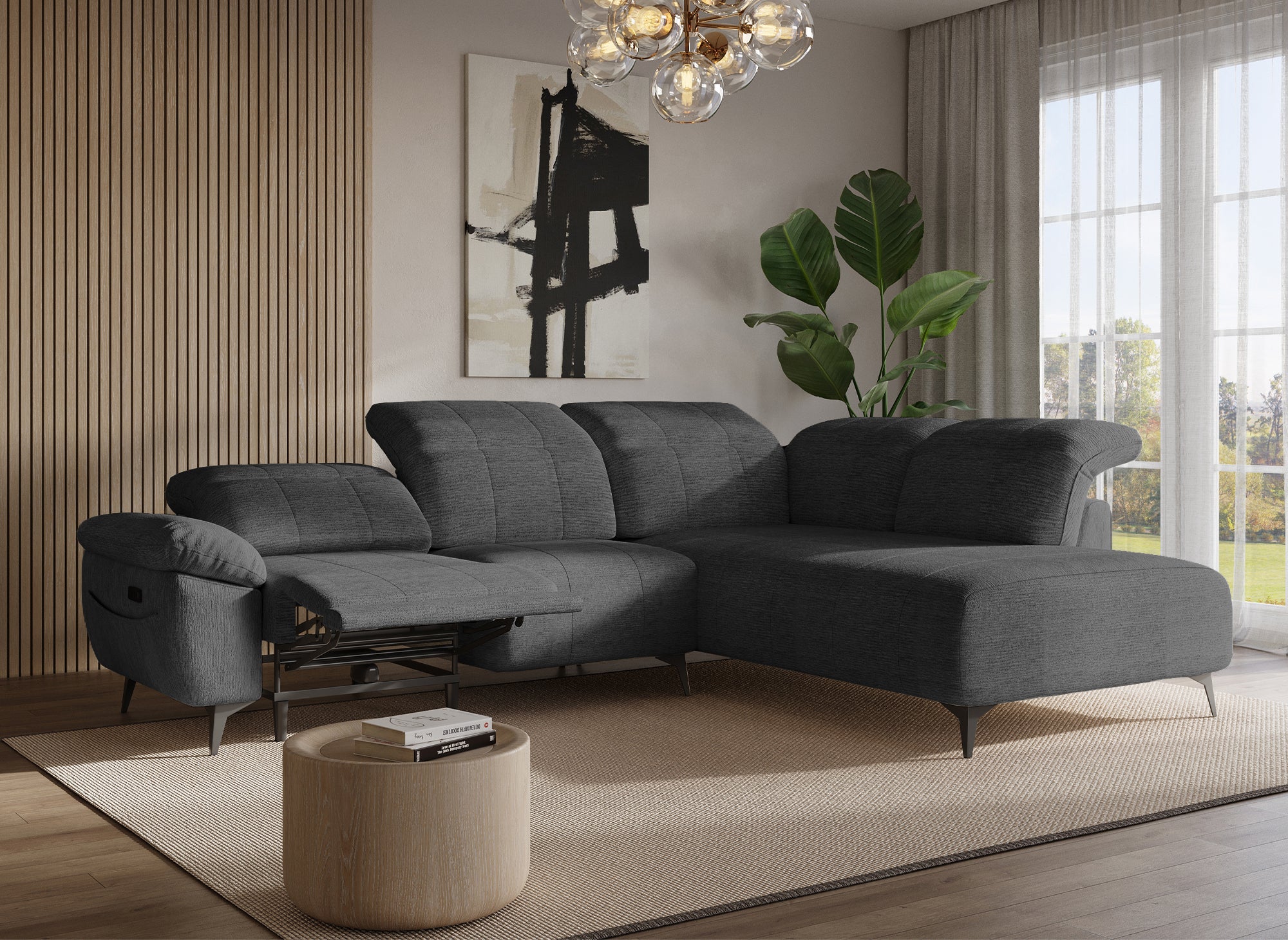 Divano angolare relax elettrico in velluto screziato grigio SOLINA - Angolo retto