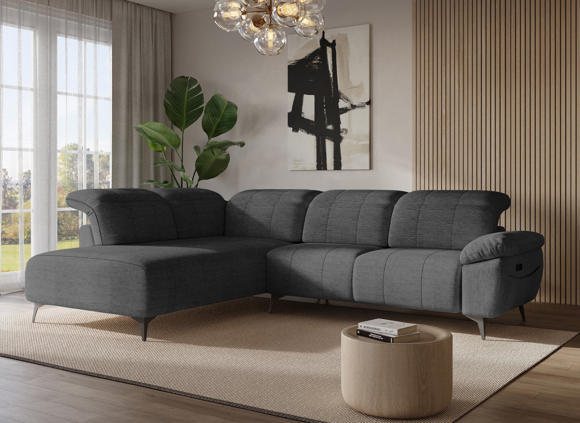 Divano angolare relax elettrico in velluto screziato grigio SOLINA - Angolo sinistro