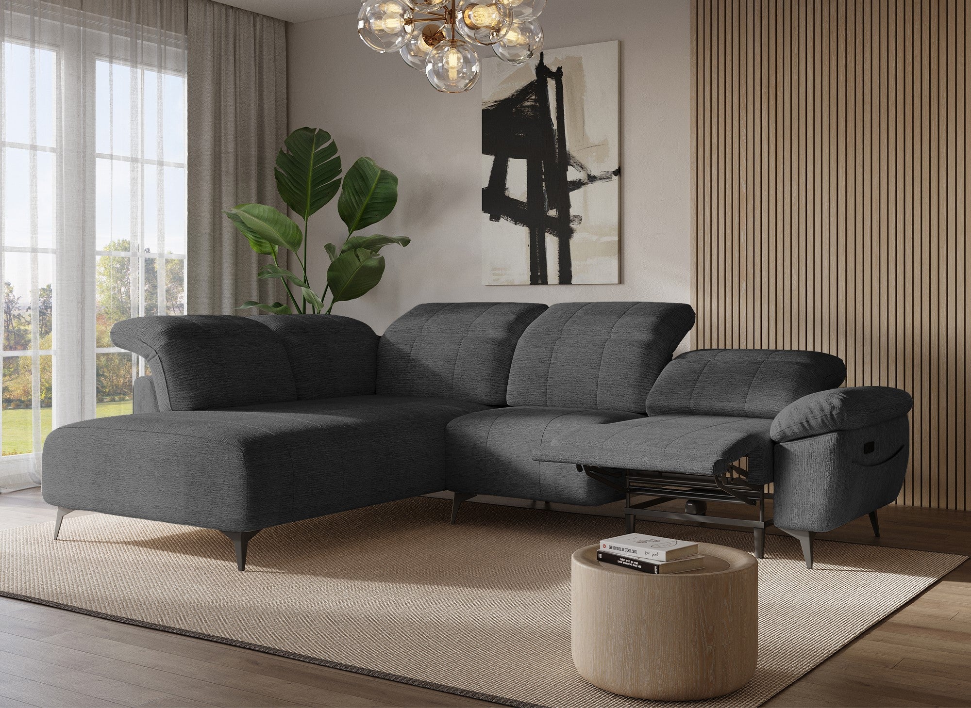 Divano angolare relax elettrico in velluto screziato grigio SOLINA - Angolo sinistro