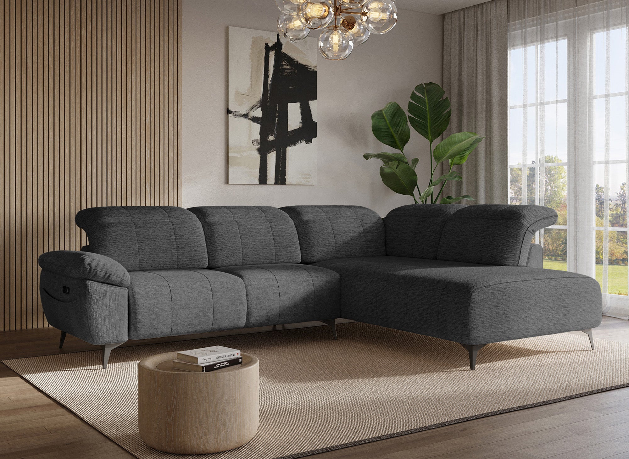 Divano angolare relax elettrico in velluto screziato grigio SOLINA - Angolo retto