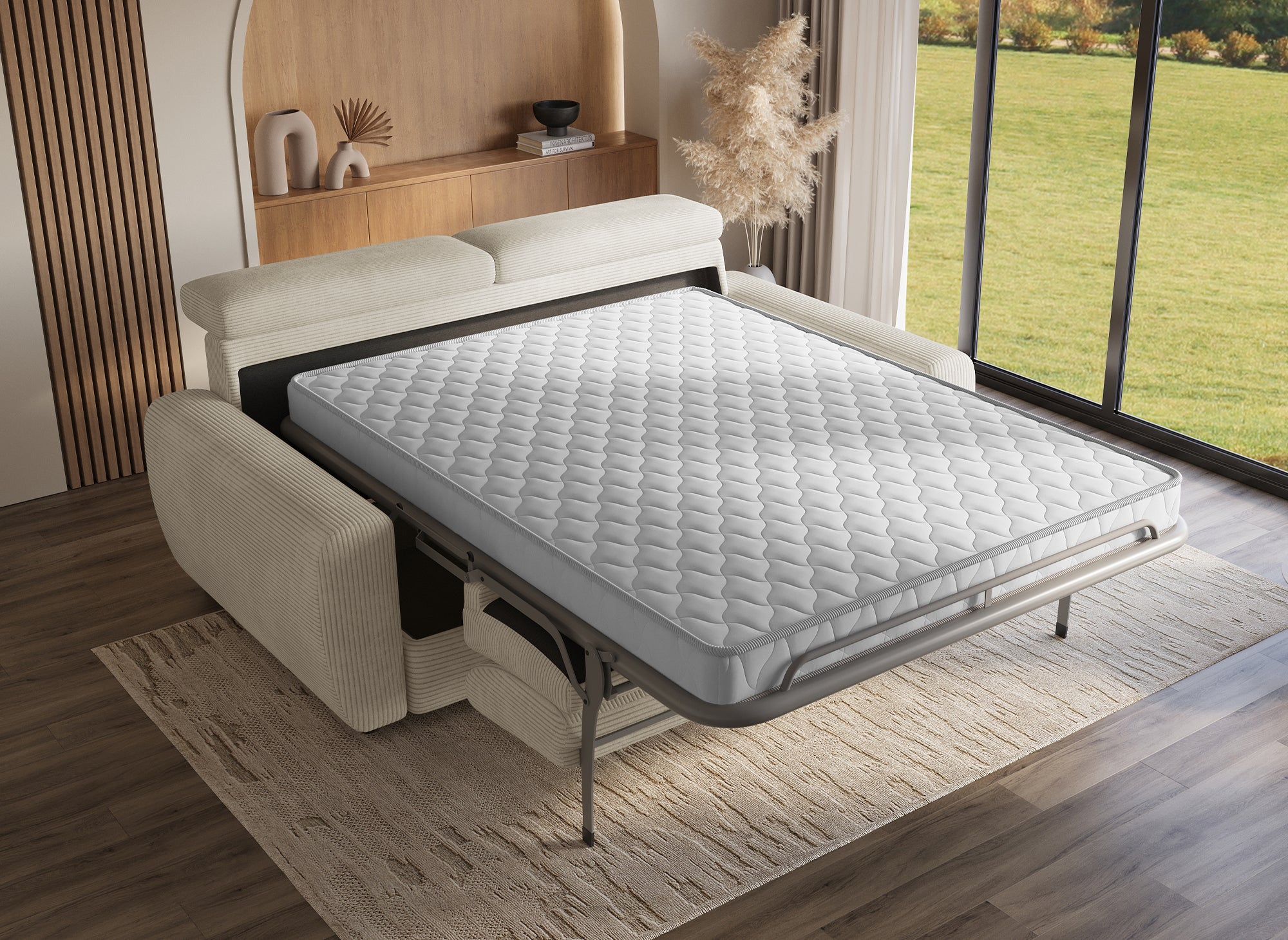 Divano trasformabile Express a 3 posti in velluto a coste beige TOGO