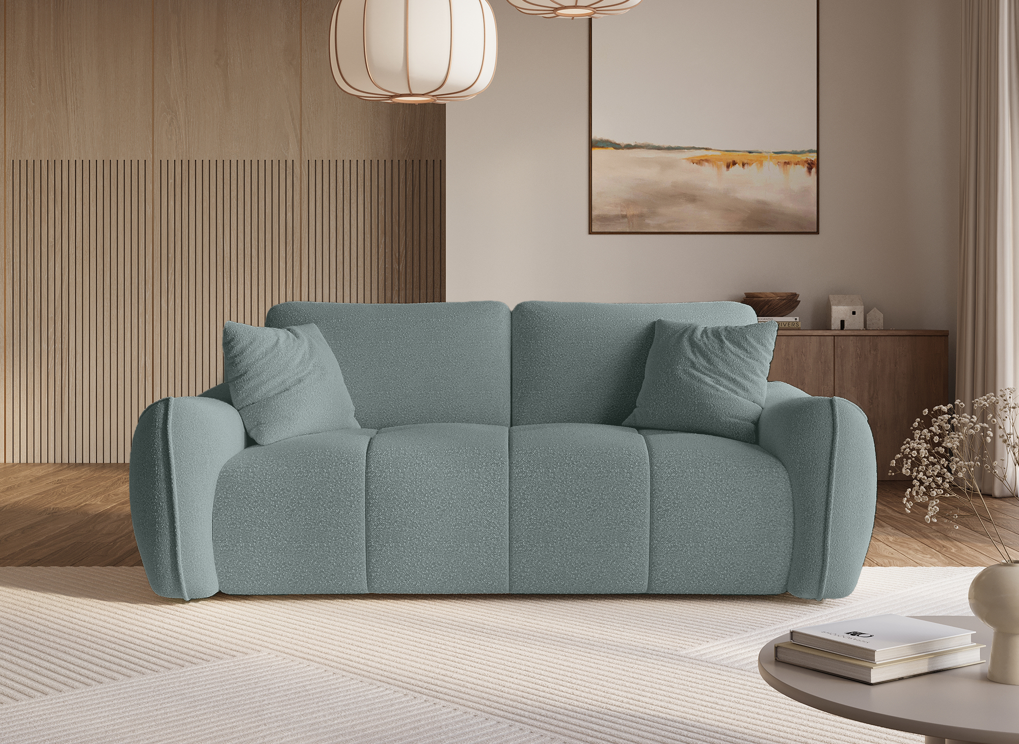 Canapé 3 places en tissu bouclette vert d'eau EZRA