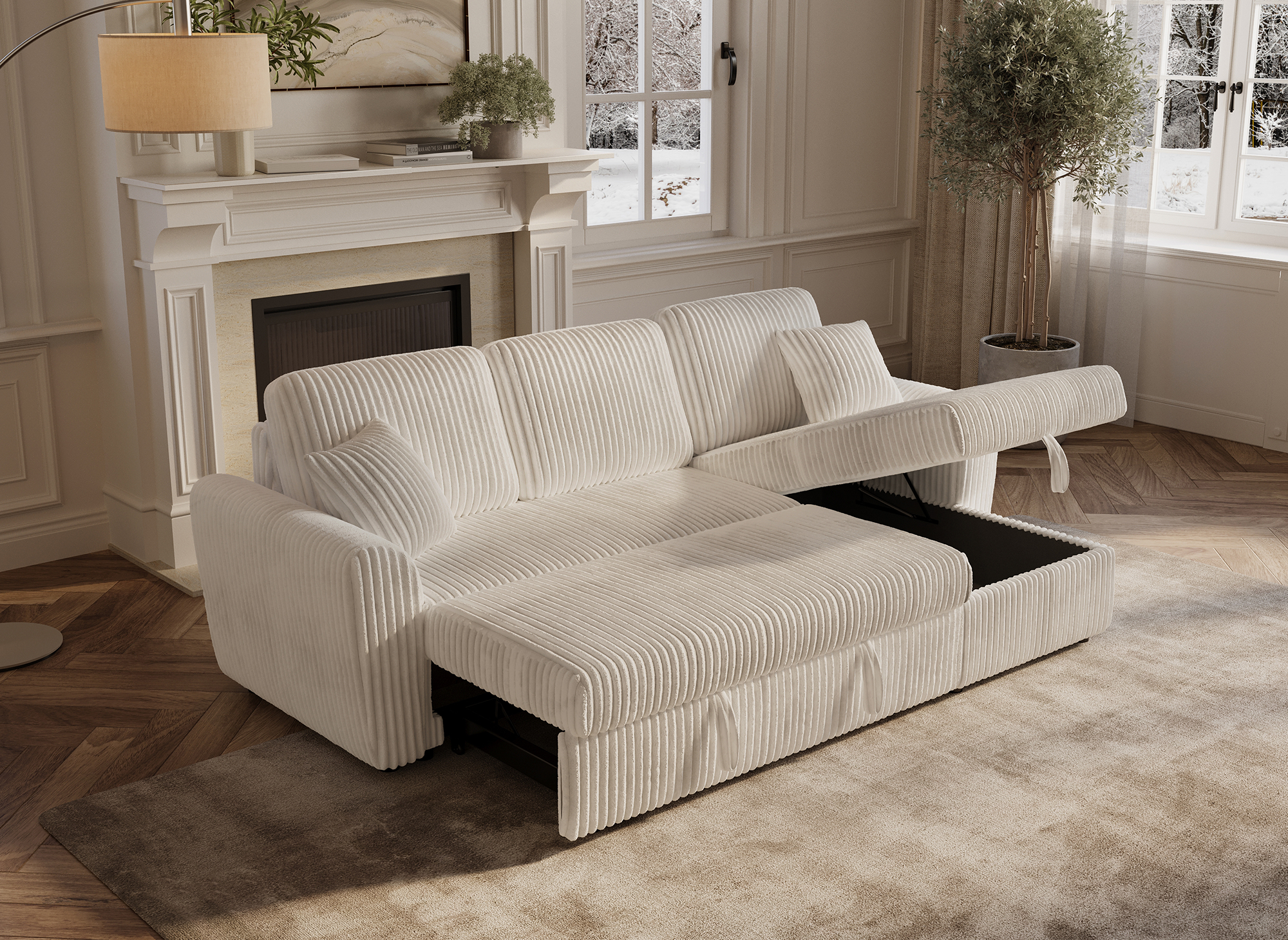 Canapé d'angle convertible et réversible avec coffre en velours côtelé épais beige ADRYEN