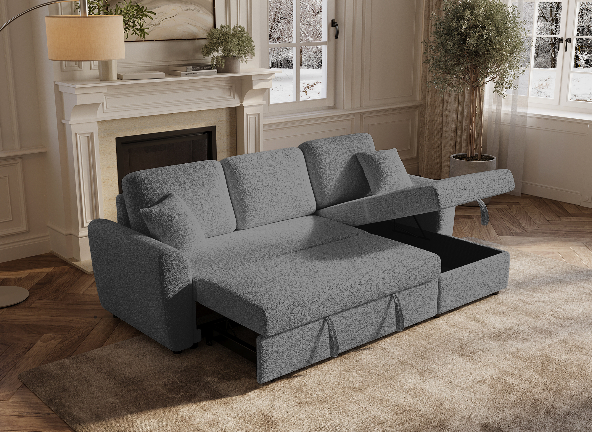 Canapé d'angle convertible et réversible avec coffre en tissu bouclette gris ADRYEN