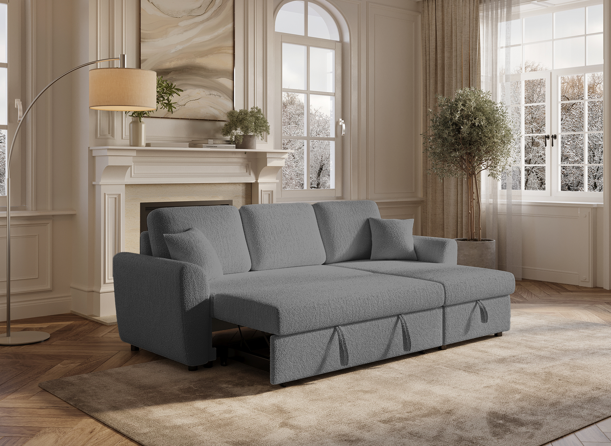 Canapé d'angle convertible et réversible avec coffre en tissu bouclette gris ADRYEN