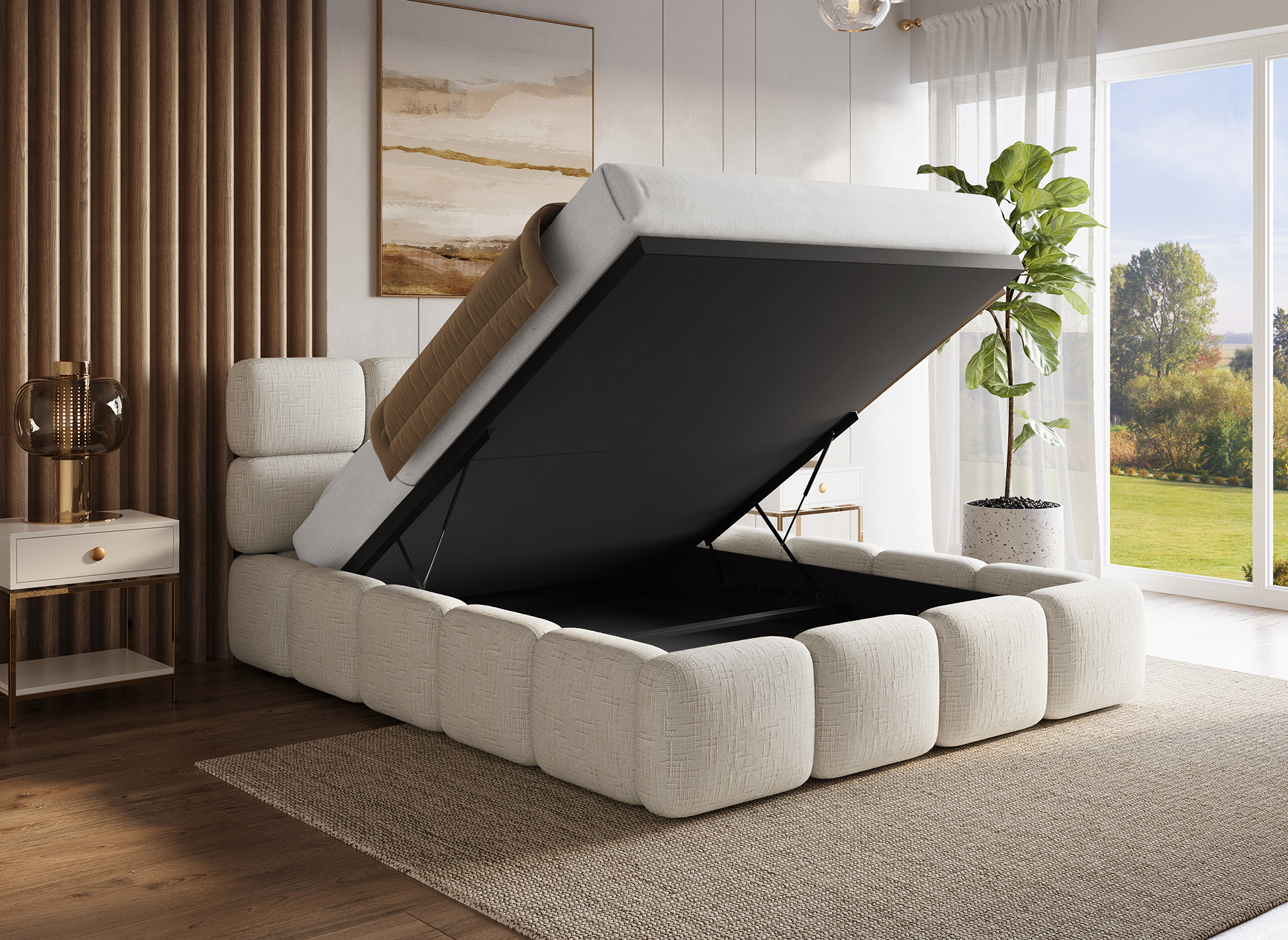 Lit coffre en velours chiné beige 160x200 cm BUBBLE