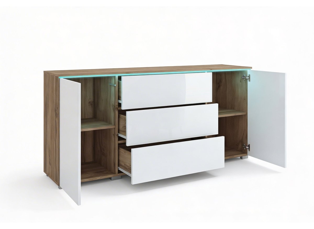 Buffet commode 2 portes 3 tiroirs chêne et blanc avec LED - ALEXIA - DécoInParis