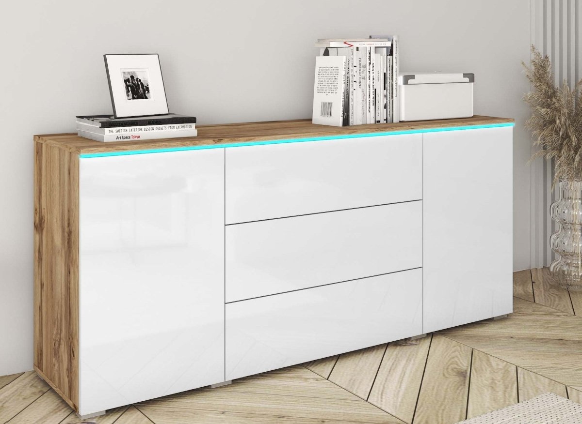 Buffet commode 2 portes 3 tiroirs chêne et blanc avec LED - ALEXIA - DécoInParis