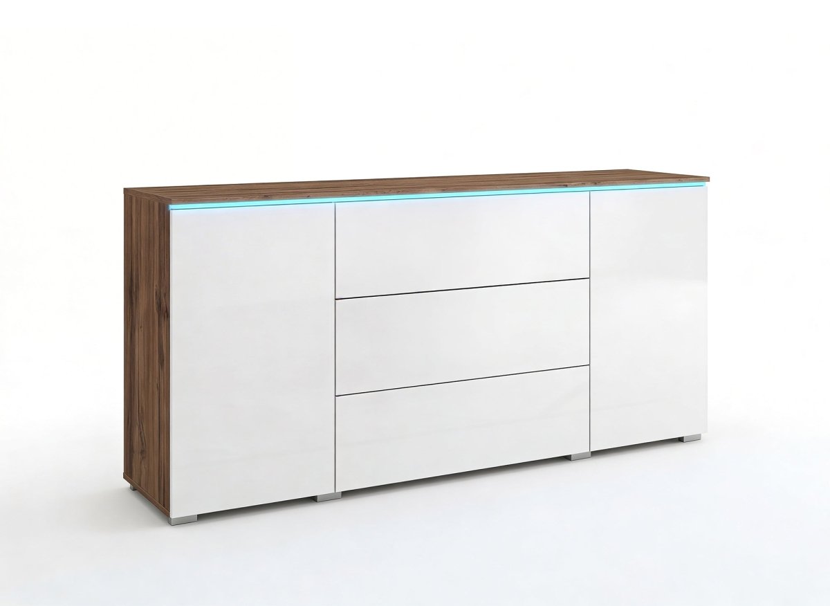Buffet commode 2 portes 3 tiroirs chêne et blanc avec LED - ALEXIA - DécoInParis