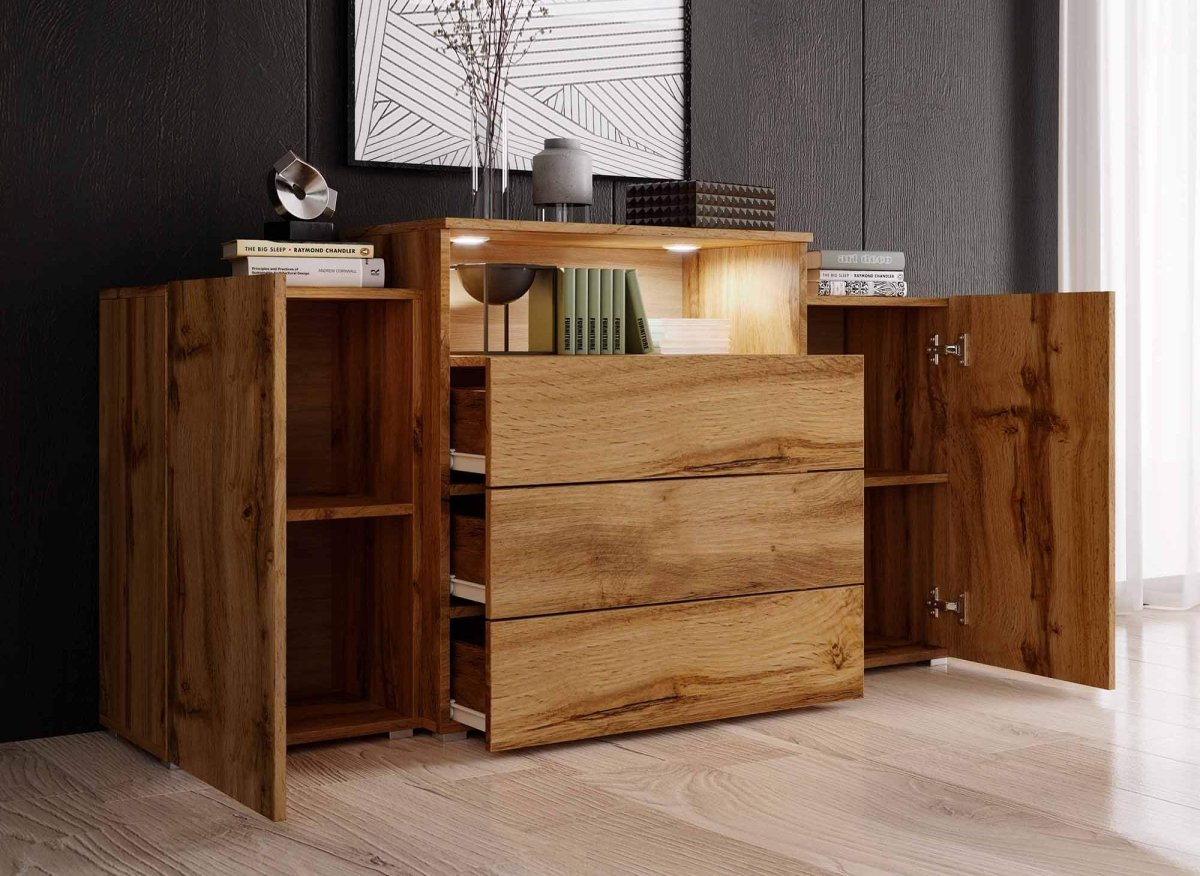 Buffet commodes 2 portes 3 tiroirs chêne avec LED - MARCEL - DécoInParis