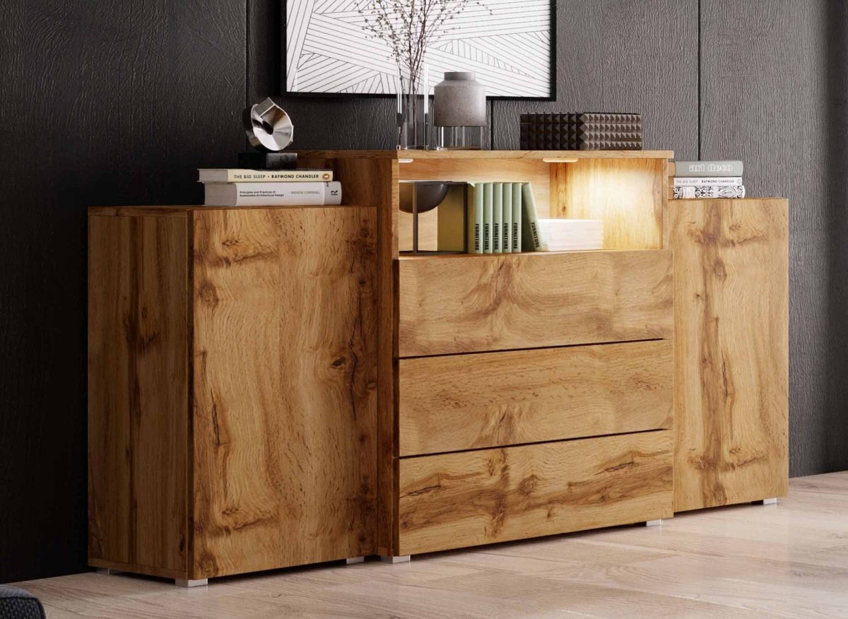 Buffet commodes 2 portes 3 tiroirs chêne avec LED - MARCEL - DécoInParis