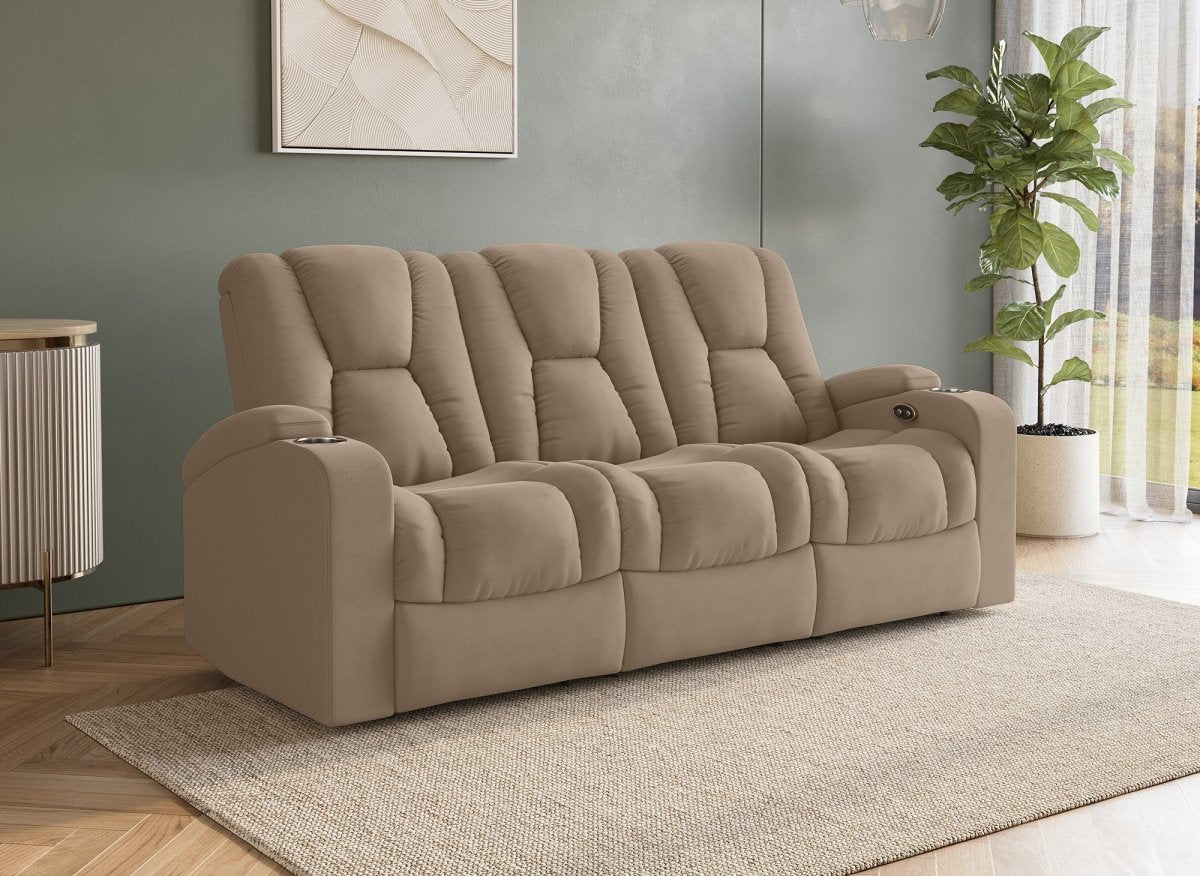 Canapé 3 places relax électrique en tissu microfibre beige EL CLARENCE - DécoInParis