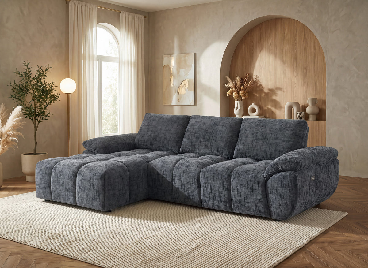 Divano angolare relax elettrico in velluto screziato grigio ALPES - Angolo sinistro