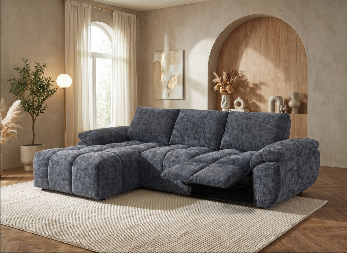 Divano angolare relax elettrico in velluto screziato grigio ALPES - Angolo sinistro