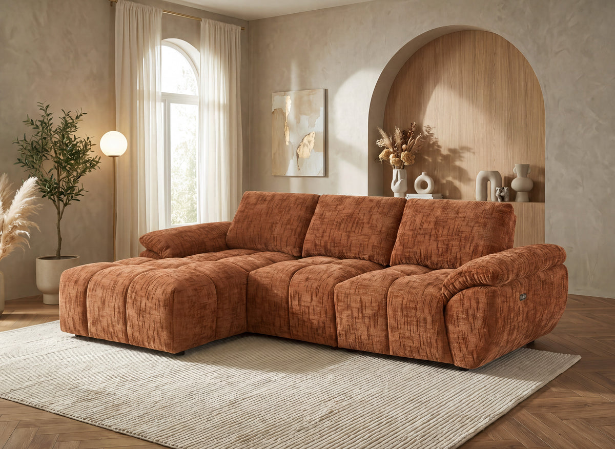 Divano angolare relax elettrico in velluto terracotta screziato ALPES - Angolo sinistro