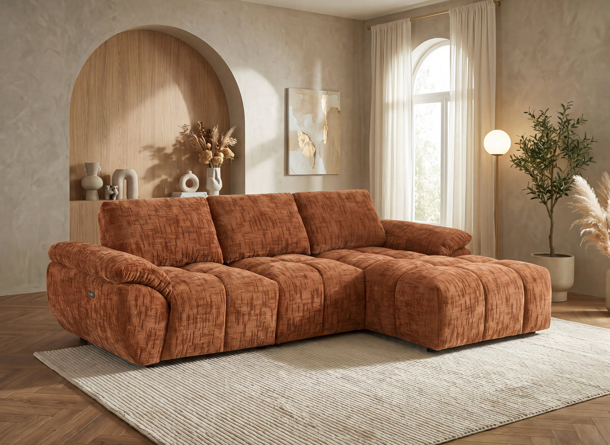 Divano angolare relax elettrico ALPES in velluto terracotta screziato - Angolo destro