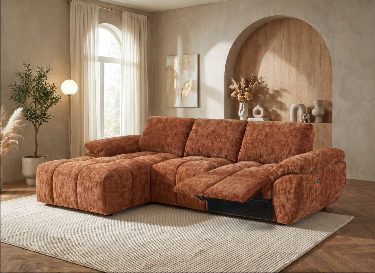 Divano angolare relax elettrico in velluto terracotta screziato ALPES - Angolo sinistro