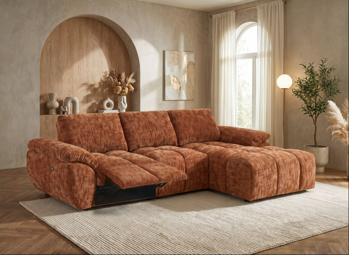 Divano angolare relax elettrico ALPES in velluto terracotta screziato - Angolo destro
