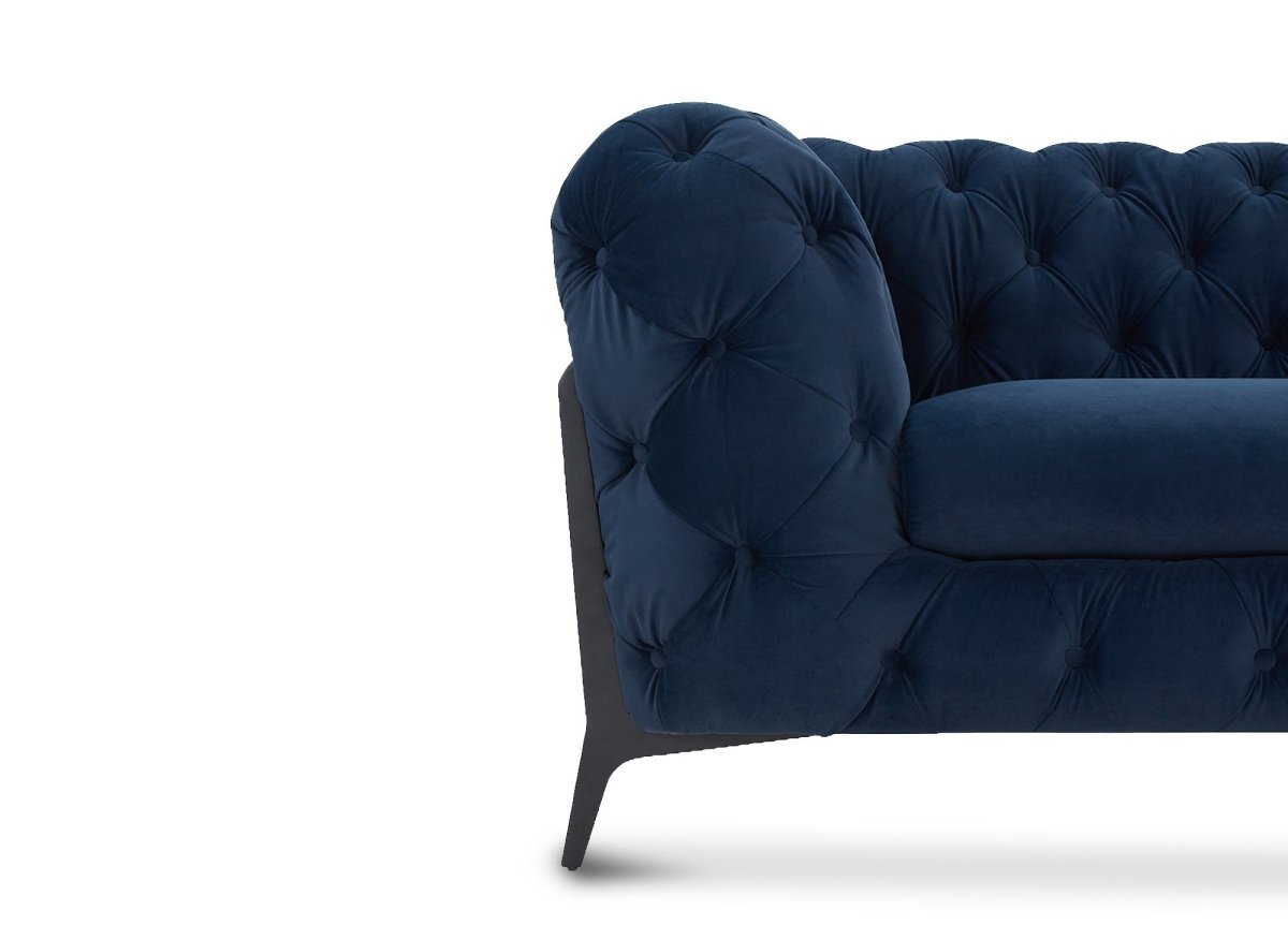 Canapé capitonné chesterfield d'angle réversible en velours bleu CARMEN - DécoInParis
