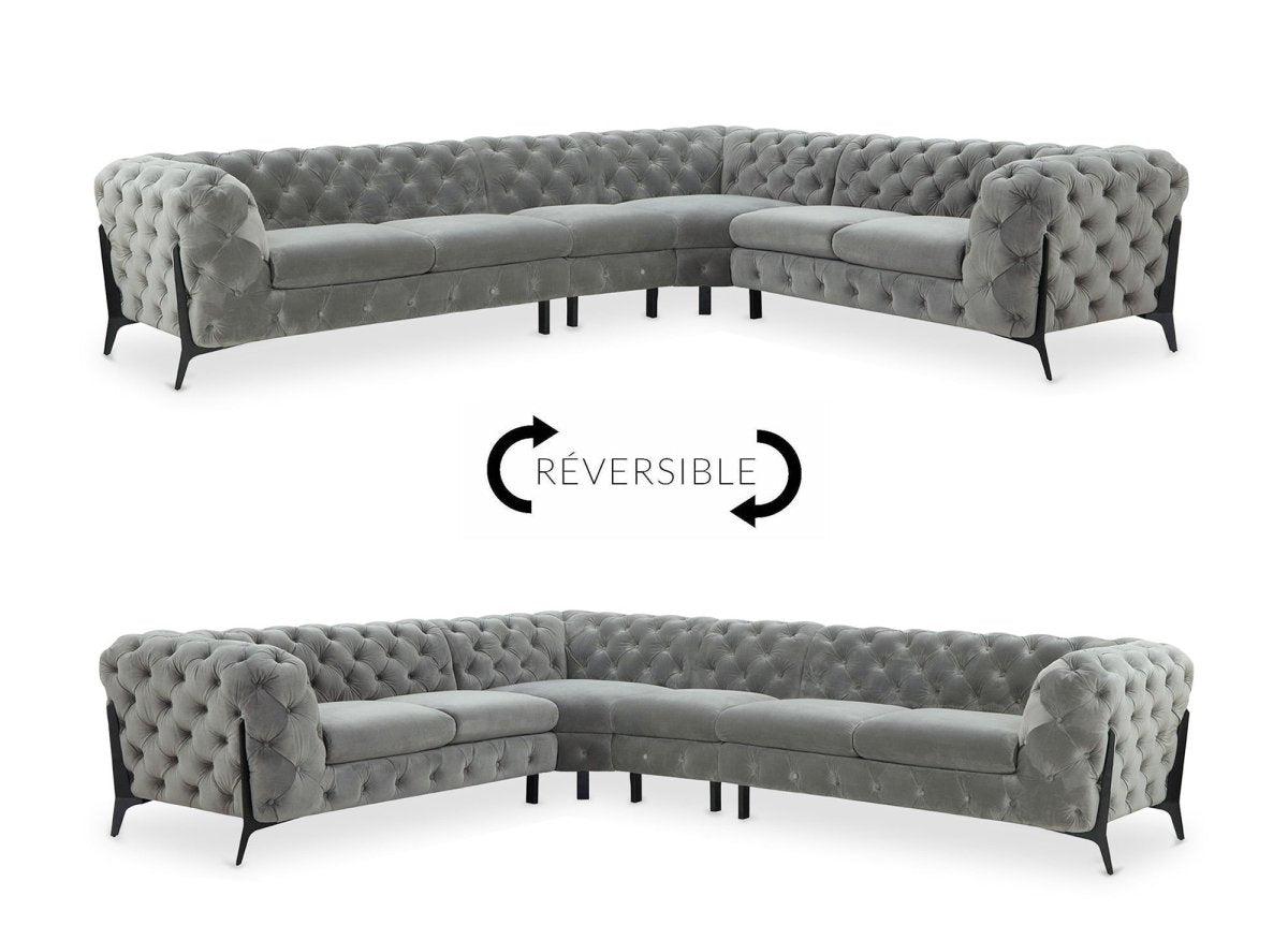 Canapé capitonné chesterfield d'angle réversible en velours gris CARMEN - DécoInParis