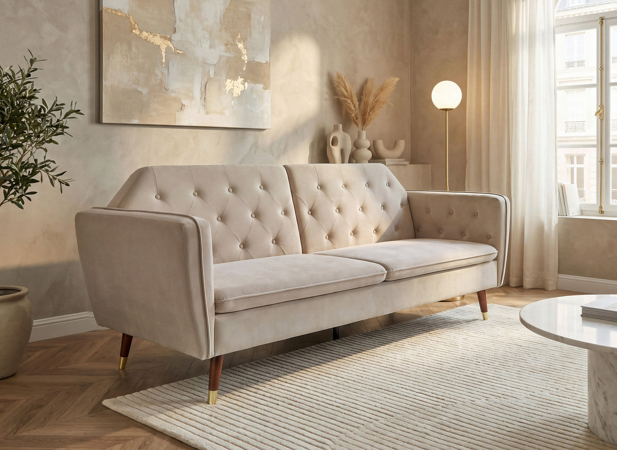 Divano letto trasformabile a 3 posti in tessuto di velluto beige ARIANE