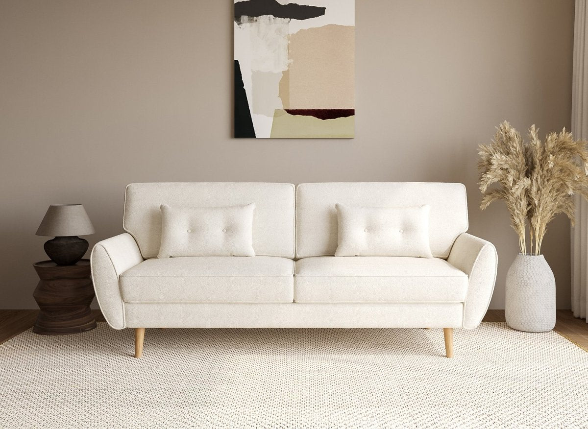 Canapé clic clac en tissu bouclette blanc écru avec pieds en bois PANAMA - DécoInParis