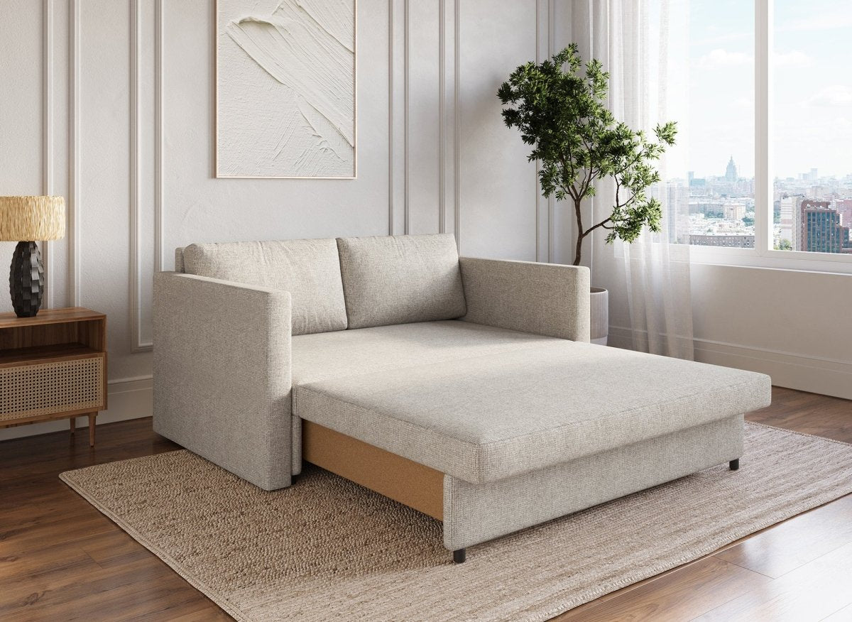 Canapé convertible 2 places avec coffre de rangement en tissu beige YERAZ - DécoInParis