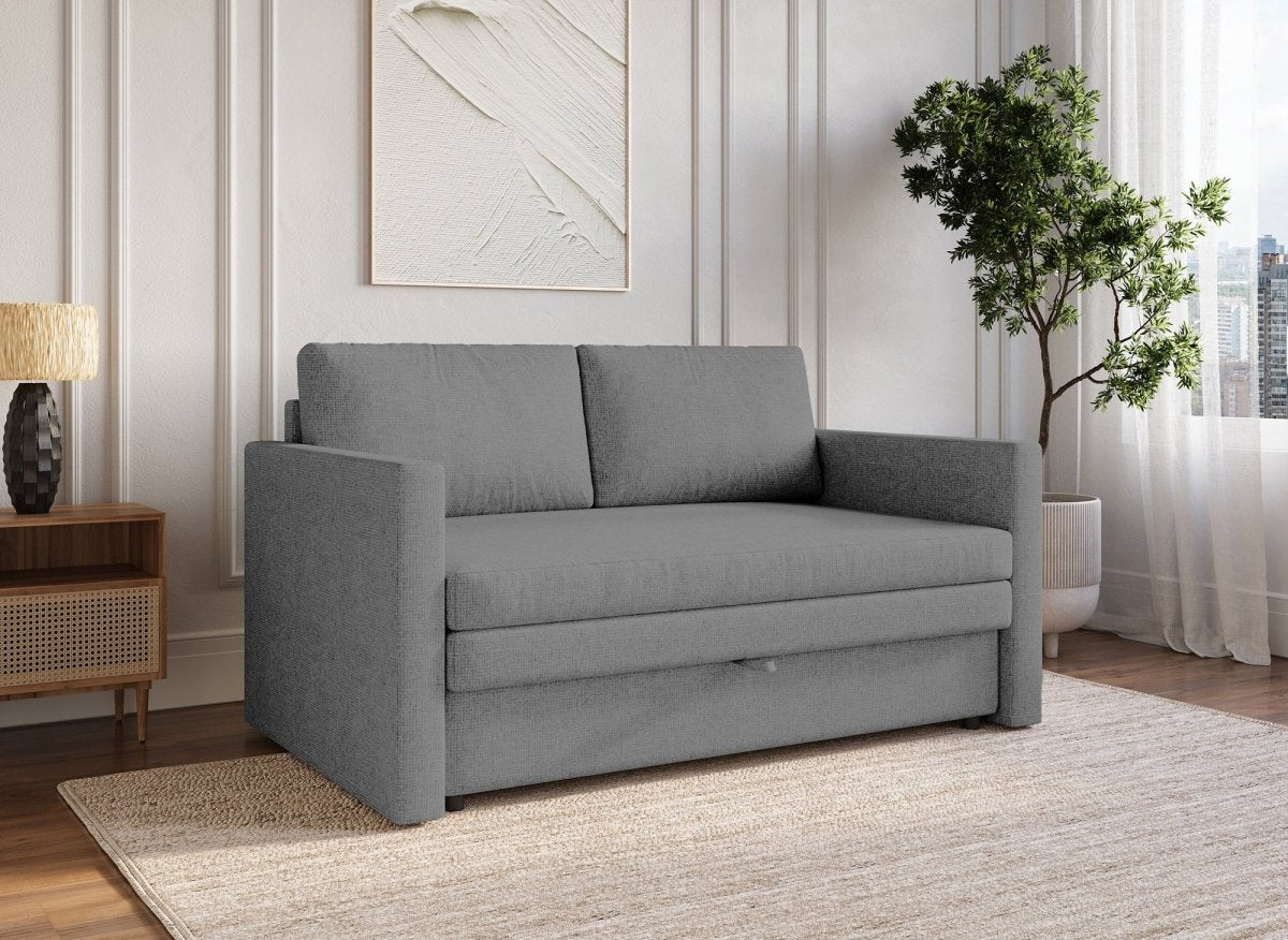 Canapé convertible 2 places avec coffre de rangement en tissu gris YERAZ - DécoInParis
